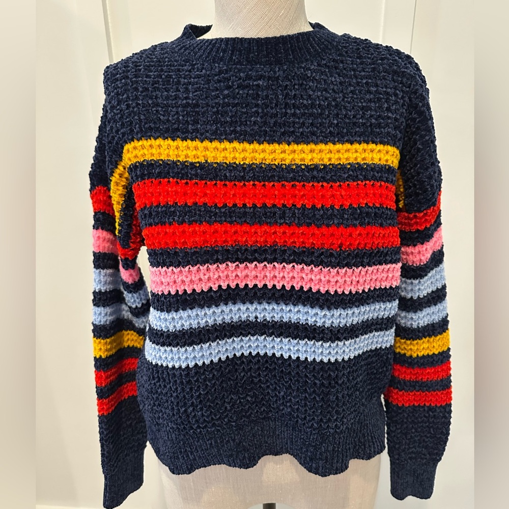 Blue and Red Crew Neck Sweater with Striped Patterns